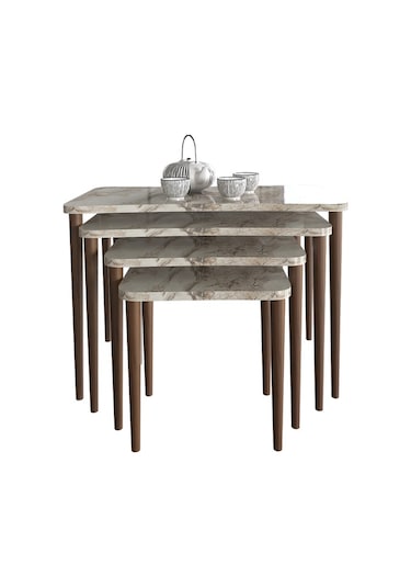 Selena 4Lü Zigon Sehpa Ahşap Ayaklı Salonseti Sehpası Beyaz Mermer