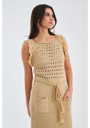 Peraluna Mıyokı Dress %100 Pamuk Diz Hizası Yazlık Kadın Triko El Bej