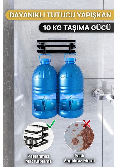 Banyo Düzenleyici Şampuanlık Sabunluk 1 Adet Lamalı Yapışkanlı 2 Askılı Duş Rafı Organizer Siyah