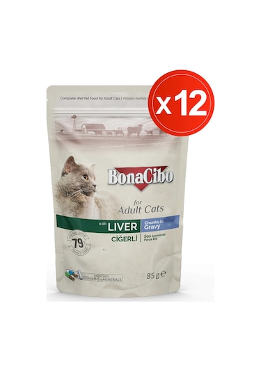 Bonacibo Ciğerli Sos İçinde Pouch Yetişkin Kedi Yaş Maması 12 x 85 G