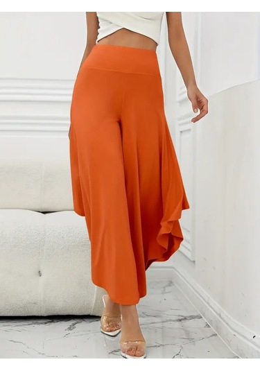 Kadın Yüksek Belli Geniş Paçalı Yanlardan Açık Sandy Pantolon Turuncu