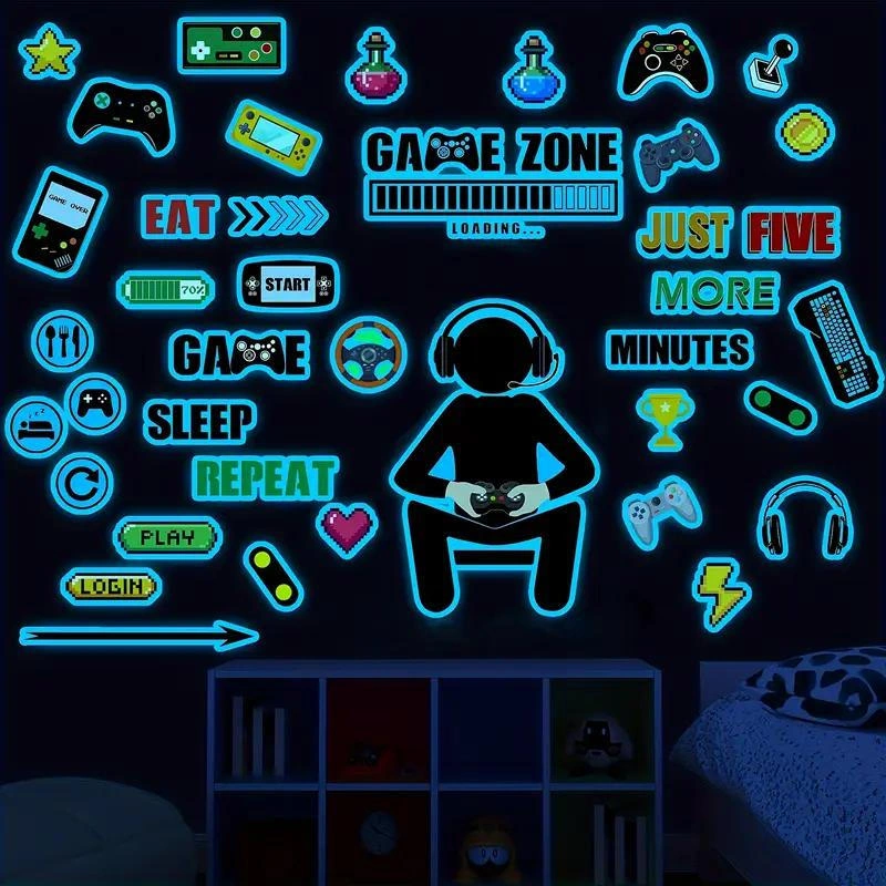 Hombey Oyun Odası Dekorasyonu Işıklı Oyun Sticker'ları - Kumanda, Konsol Desenli Duvar Sticker'ı, Erkek Kız Odası Dekoru, 30x20 Cm Beyaz