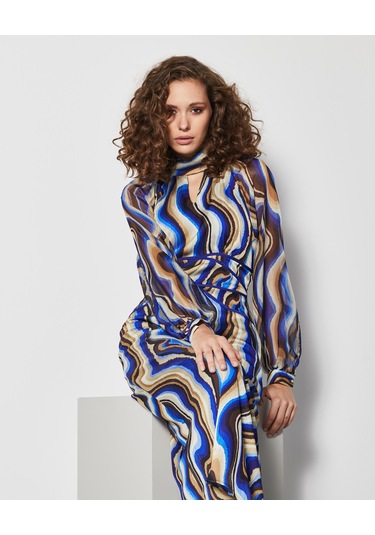 Renkli Desenli Kadın Elbise - Beli Şerit Detaylı - Uzun Kollu - Modern Ve Şık Tasarım - Günlük Ve Özel Gün İçin Elbise Saks