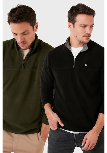 Buratti Slim Fit Anti-Pilling Tüylenme Yapmayan Bato Yaka Şardonlu 2'Li Paket Erkek Polar 5906001S2 Haki-Siyah