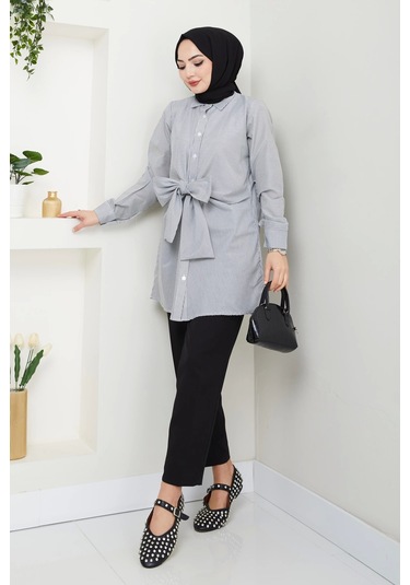 Çizgili Poplin Bağlamalı Gömlek - Siyah / Ü103 Siyah