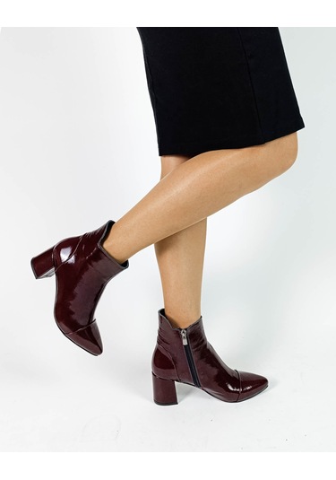 Hakiki Deri Bordo Rugan Fermuarlı Kalın Topuk Kadın Bot Bordo
