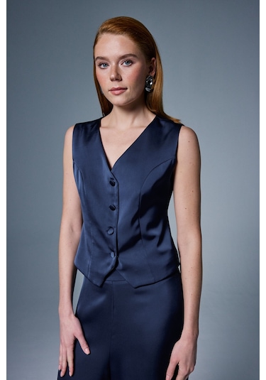 Sateen Klasik Düz Yelek - Lacivert-137032 Lacivert