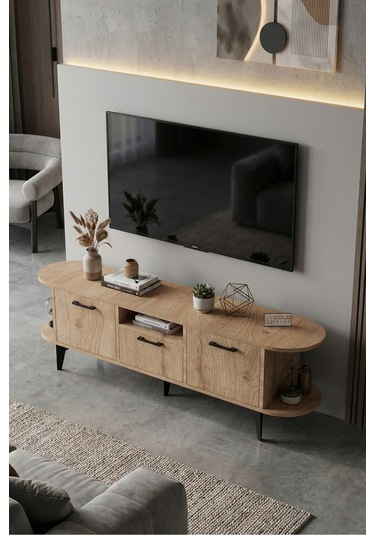 Tv Sehpası 160 Cm Modern 3 Kapaklı Tv Sehpa Çok Amaçlı Konsol Ünitesi Mira Bej