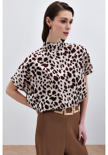 Sateen Yarasa Kol Salaş Bluz - Bej-kahve-135941 Bej-kahve