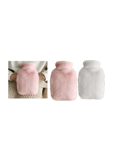 Sıcak Su Torbası 2 Adet,yan Cepli Peluş Termofor 27x17x2cm 750ml Pembe-beyaz