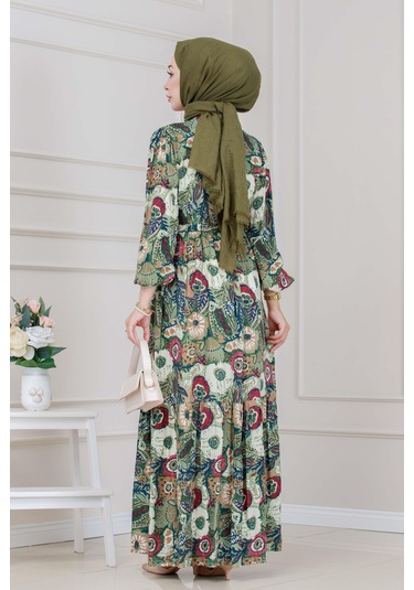 Beli Tünelli Çiçekli Viscon Elbise-yeşil-5319 Yeşil