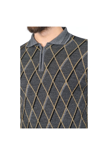 Kamalı Erkek Çelik Örgü Baklava Desenli Gömlek Yaka Fermuarlı Polo Yakalı Tüylenmez Triko Kışlık Baba Kazak Gri
