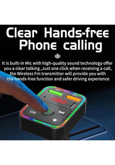 Pdf2 Ortam Işığı İle Hızlı Şarj Cihazı Fm Verici Bluetooth Eller Serbest Arama Mp3 Çalar
