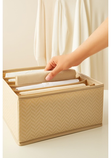 Ocean Home Textile 2'li 6 Bölmeli Bej Balıksırtı Desenli Çekmece İçi Düzenleyici Kutu Set 28 x 28 x 13 cm