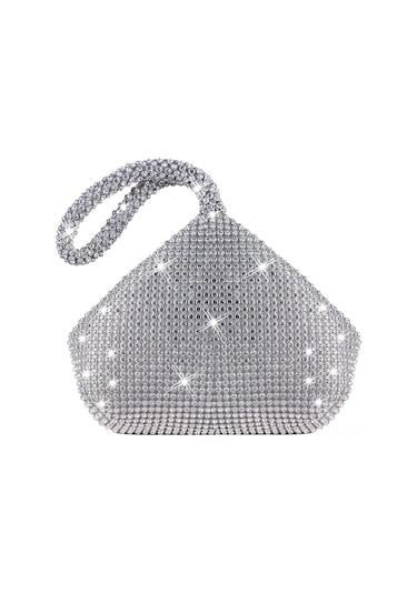 Dofolink Gümüş Büyük Taşlı Gece Çantası - El Kayışıyla Düğün, Parti Ve Özel Etkinlikler İçin Trihedral Şapka Kapanmalı Parlak Clutch GÜMÜŞ