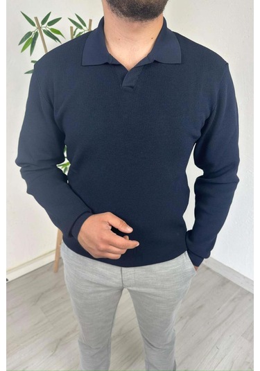 Explode - Erkek Lacivert Polo Yaka Regular Triko Kazak Lacivert