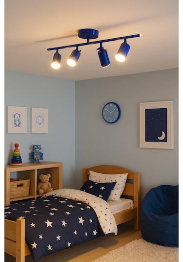 Spoti 4'lü Mavi Renk Gün Işığı Modern Tasarım Salon - Mutfak - Banyo Spot Ledli Sıralı Avize Mavi