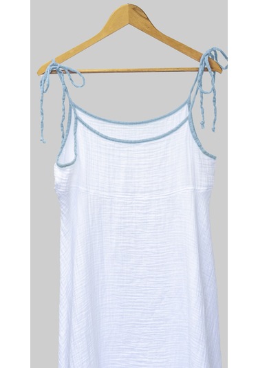 %100 Pamuk Müslin Nefes Alır Kadın Askılı Gecelik Elbise Pijama Rahat, Şık Ve Çok Amaçlı Mavi