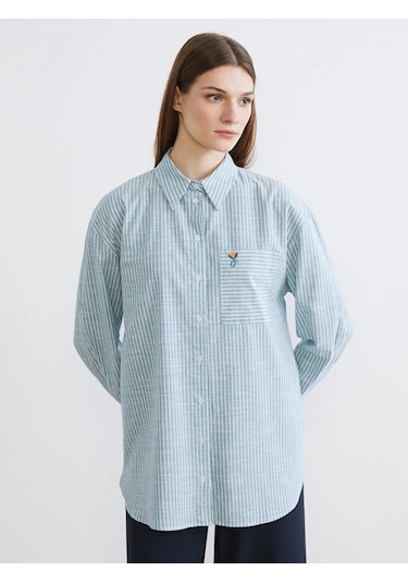 LC Waikiki Yeşil Çizgili Oversize Poplin Kadın Gömlek Tunik Yesil