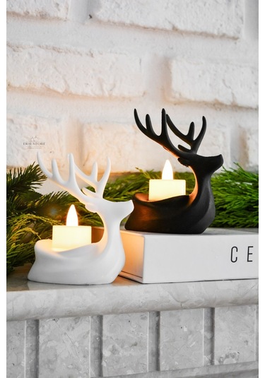 2 Adet Dekoratif Yılbaşı Süs Beyaz Siyah Tea Light Geyik Seti Beyaz - Siyah