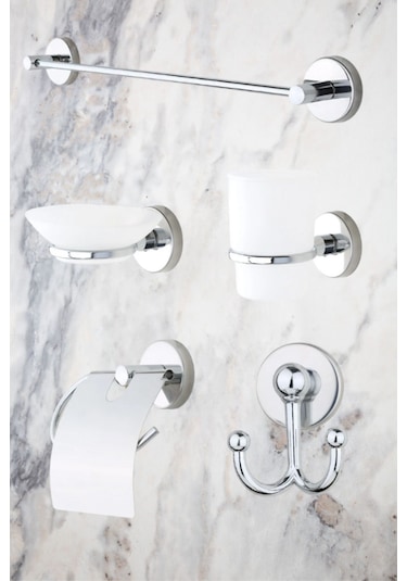 MultiStore Krom 5'li Banyo Aksesuar Seti Uzun Havluluk/Tuvalet Kağıtlığı/Bornoz Askısı/Sabunluk/Diş Fırçalık Gri