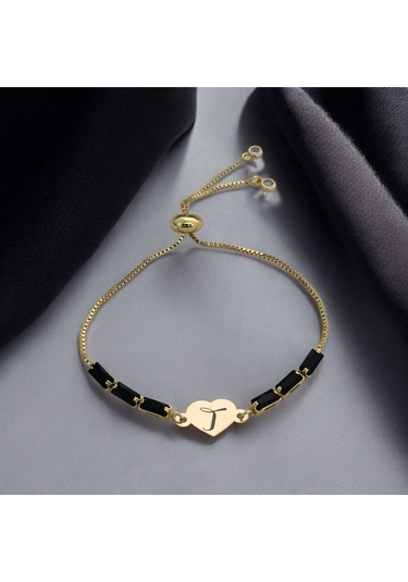 Archin T Harfine Özel Siyah Taş Desenli 14 Ayar Altın Plakalı Kalp Figürlü Hediye Bileklik-351harf T