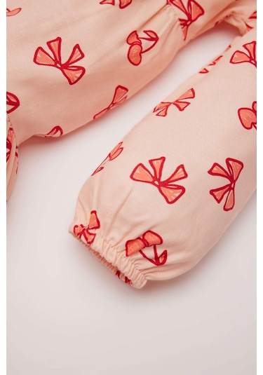 DeFacto Kız Bebek Fiyonk Desenli Uzun Kollu Twill Elbise D9564A525SPPN212 Pembe