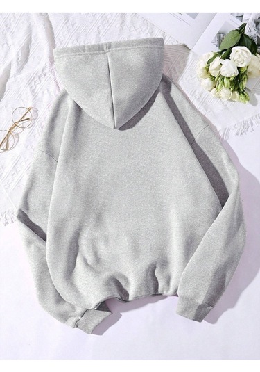 Düz Basic Sweatshirt - Gri Oversize Kapüşonlu Gri
