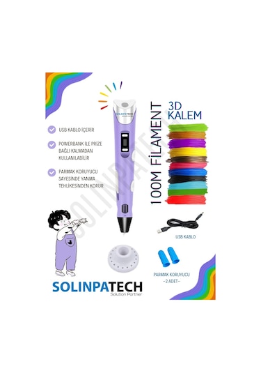 Mor 3D Kalem 3D Pen Yazıcı Kalem | 20 Adet 5 Metre (Toplam 100 Metre) Filament + USB KABLO