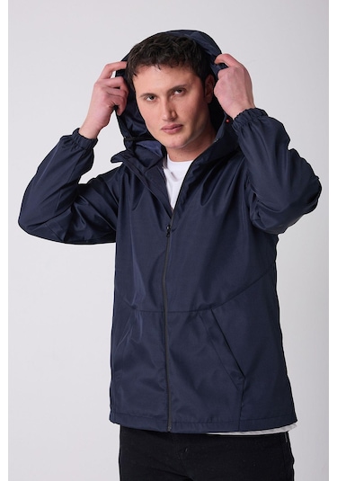 Erkek Astarlı Kanguru Cepli Su Ve Rüzgar Geçirmez Kapüşonlu Cepli Yağmurluk - Rüzgarlık Lacivert