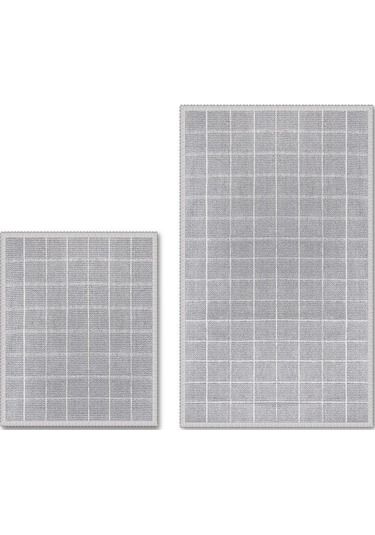 Grid Doğal Pamuklu 2'li Banyo Paspas Seti 60x100+50x60 Cm Gri Gri