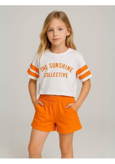 Kız Çocuk Pamuklu Şortlu Takım-15976 Turuncu