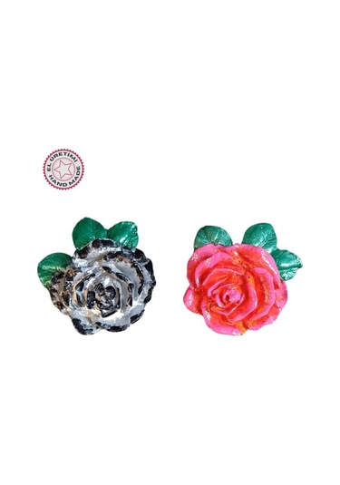 Uretti - Ayşe 7362 5422 El Yapımı Minik 2'li Pembe - Siyah Renk Gül Magnet - 6 X 7 Cm 6x7