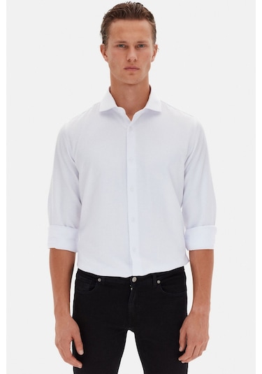 D'S Damat Ds Damat Slim Fit Beyaz Italyan Yaka Armürlü Uzun Kollu Kolay Ütülenebilir Nefes Alan Dört Mevsim Gö 2HF02ORT3185 Beyaz
