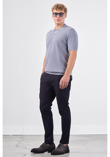 Dufy Gri Polo Düğme Yaka Düz Renk Slim Fit Erkek Triko Gri