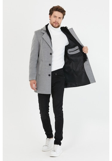 Erkek Açık Gri Yün Karışımlı Kaşe Kapüşonlu Önü Fermuarlı Kaban-Açık Gri