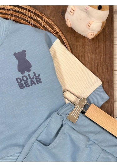 Ayıcık Baskılı Bisiklet Yaka Düğme Detaylı 2'li Bebek Takım Mavi