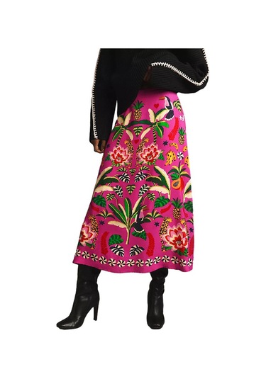 Günlük Moda Bitki Baskılı Retro Etek Kadın Gül Kırmızısı