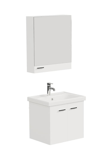 Aqua Bagno Basic Alt Dolap + Üst Dolap -lavabo Dahil-beyaz ,60 Cm. 3 Parça Beyaz