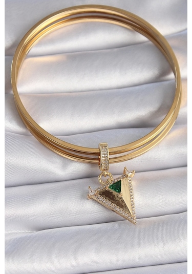 Pirinç Gold Renk Zirkon Taşlı 3d Üçgen Model Ajda Charm Çok Renkli
