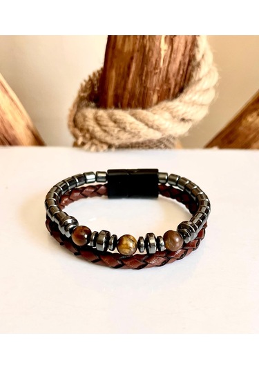 %100 Deri&hematit Kombin Kahve Erkek Bileklik Net 21cm Türk Malı Kahverengi - Siyah