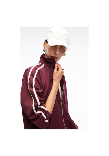 ZINNIE Kadın Regular Nakış Ve Yan Şerit Detaylı Metal Fermuarlı Dik Yaka Bordo Ceket