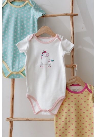 Lilabio %100 Pamuk 3'lü Kısa Kollu Bebek Body Renkli Çok Renkli