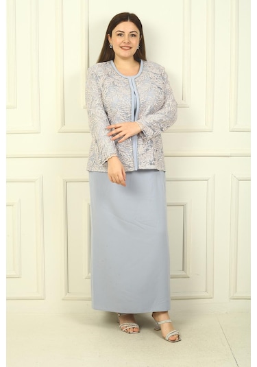 Yakası Boncuk Nakışlı Uzun Elbise Boncuk Pul Nakışlı Ceket Astarlı Büyük Beden 2'li Takım-38925 Gri Yakası Boncuk Nakışlı Uzun Elbise Boncuk Pul Nakışlı Ceket Astarlı Büyük Beden 2'li Takım-38925 Gri
