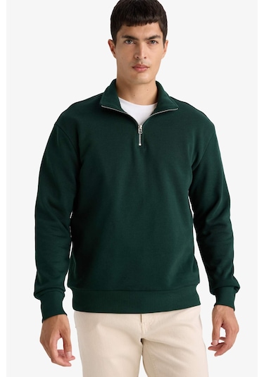 Defacto Regular Fit Dik Yaka Yarım Fermuarlı Basic Düz Sweatshirt X7405az25augn852 Yeşil