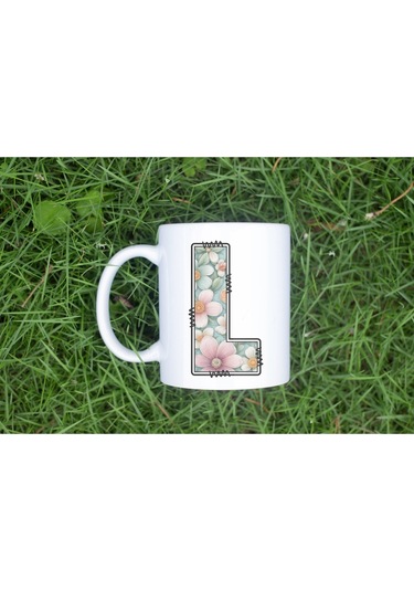L Harfli Pastel Çiçek Desenli Kahve Kupası - Kişiye Özel Çiçekler Koleksiyonu Bardak - Hediye Beyaz