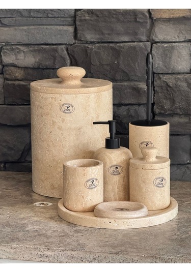 Yeni Traverten Doğaltaş Kendinden Kulplu 7'li Banyo Seti Büyük Çöp Kovalı 26x20 Beyaz