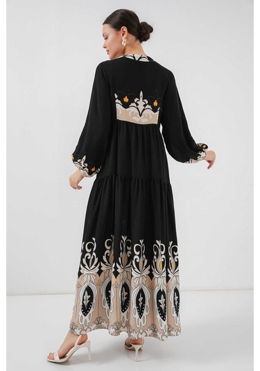 Gabria Ön Düğmeli Desenli Viskon Elbise Siyah - Taş