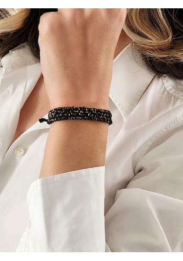 Zincir Dokuma Kordon El Yapımı Otantik Siyah Gold Renkli Bileklik Altın - Siyah