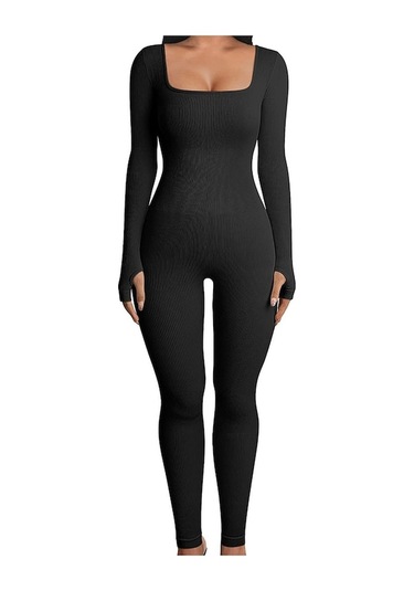 Danrimaoyi Kadın Avrupa Ve Amerika Sonbahar Ve Kış Yeni Varış Dişli Kare Yaka Slim Fit Tulum Siyah